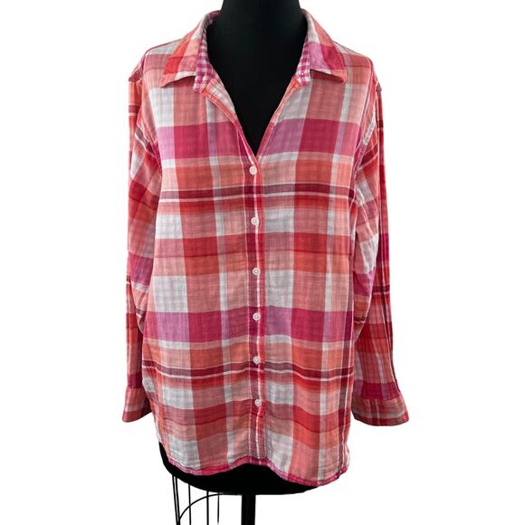 LANDS' END Pink Orange Plaid Cotton Long Sleeve Button-Down Collared Shirt 18W - Picture 1 of 10